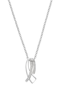 Collana d'argento con un pendente a forma di nastro con superficie lucida e due fili adornati con strass trasparenti.