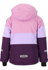 Bunte Winterjacke mit Kapuze in rosa, lavendel und lila Farbblöcken. Auffälliges Logo und Akzente in reflektierendem Grau.