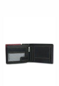 Portefeuille en cuir noir avec coutures blanches, comportant une poche zippée, des emplacements pour cartes et une fenêtre ID transparente. Vue ouverte affichée.