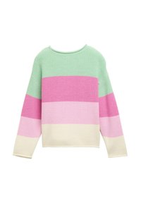 Strickpullover mit horizontalen Streifen in Mintgrün, Pink, Hellrosa und Creme. Rippstruktur mit lockerer Passform und weitem Ausschnitt.