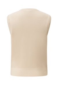 Beige ärmellose Strickweste mit Rundhalsausschnitt und breitem Rippensaum, von hinten auf einem weißen Hintergrund gezeigt.