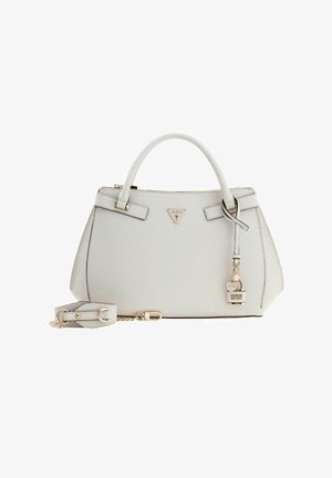 Borsa grigia in similpelle martellata con forma strutturata, doppi manici superiori, tracolla rimovibile, dettagli in metallo color oro e targhetta con logo.