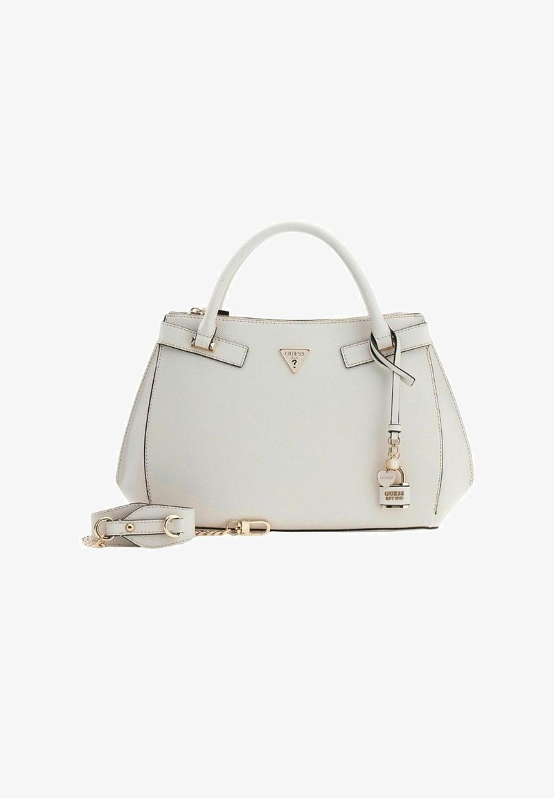 Sac à main en simili cuir gris grainé avec forme structurée, doubles poignées supérieures, bandoulière détachable, quincaillerie dorée et plaque logo.