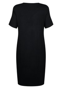 Abito di tessuto a coste neri con maniche corte, collo a giro, e taglio dritto, caratterizzato da un design di lunghezza media e una texture liscia.