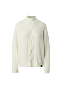 Maglione lavorato a maglia spesso, bianco, con colletto alto, caratterizzato da un motivo centrale a treccia e orli e polsini a coste. Tessuto morbido e testurizzato.