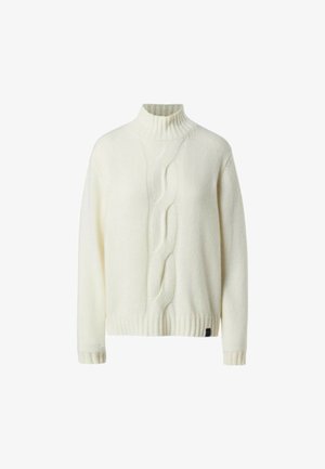 Chunky knit white sweater with a high collar, featuring a central cable pattern and ribbed hem and cuffs. Soft, textured fabric.