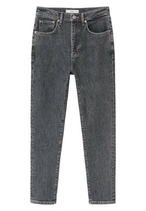 Donkergrijze denim jeans met een slim fit, vijf zakken, koperen klinknagels en een rits. Bevat een logo patch op de achterkant van de tailleband.