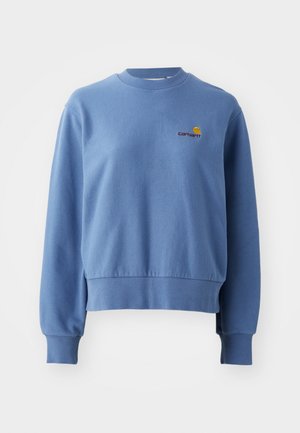Blue cotton sweatshirt with ribbed cuffs and hem. Features a small embroidered logo on the chest. Crew neckline, casual fit.