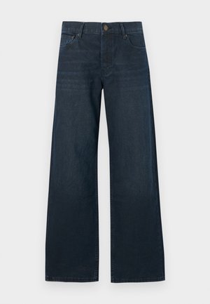 Jean large bleu foncé avec une texture denim lisse, doté d'une fermeture par bouton à l'avant, de passants de ceinture et d'un design à cinq poches.