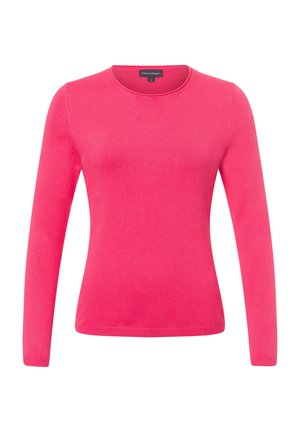 Fuchsia-pink Langarmpullover mit Rundhalsausschnitt, aus weichem, geripptem Material. Einfaches Design ohne zusätzliche Verzierungen.
