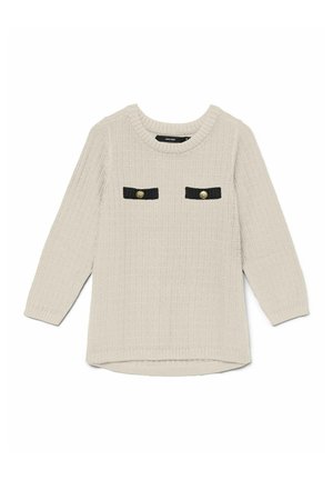 Helebeežiker šveer, mis on tekstureeritud kudumisega, millel on kaks musta tasku kuldsete nuppudega ja ümmargune kaelus. Pikad varrukad.