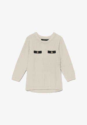 Helebeežiker šveer, mis on tekstureeritud kudumisega, millel on kaks musta tasku kuldsete nuppudega ja ümmargune kaelus. Pikad varrukad.