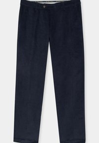 Granatowe spodnie z korduroy w prostym kroju, zapinane na guzik, z przednimi kieszeniami. Miękka faktura z pionowymi prążkami na całej powierzchni.