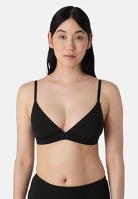 Bralette triangolare nera con spalline sottili regolabili, realizzata in morbido tessuto, caratterizzata da una texture liscia e un ampio elastico sotto il seno per supporto.