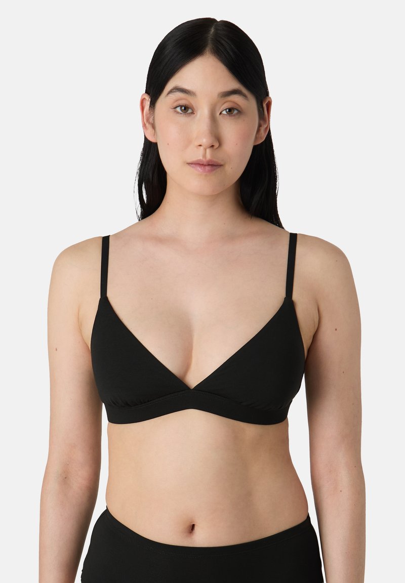 Bralette triangolare nera con spalline sottili regolabili, realizzata in morbido tessuto, caratterizzata da una texture liscia e un ampio elastico sotto il seno per supporto.