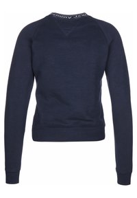 Felpa blu navy con maniche lunghe e polsini a coste, caratterizzata da un collo rotondo con il brand "Tommy Jeans" in contrasto sul colletto.