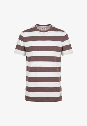 T-shirt a maniche corte con scollo rotondo, a righe orizzontali spesse marroni e bianche, con una piccola etichetta vicino all'orlo.