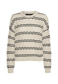 Maglione in pizzo a rete crema con strisce zigzag nere, scollatura rotonda e polsini a coste. Il motivo testurizzato su tutta la superficie aggiunge interesse visivo.