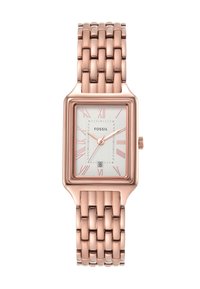 Montre-bracelet en or rose avec un cadran rectangulaire, un cadran blanc, des chiffres romains et un bracelet en métal à maillons. Affiche la date en bas.