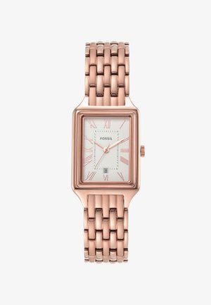 Montre-bracelet en or rose avec un cadran rectangulaire, un cadran blanc, des chiffres romains et un bracelet en métal à maillons. Affiche la date en bas.