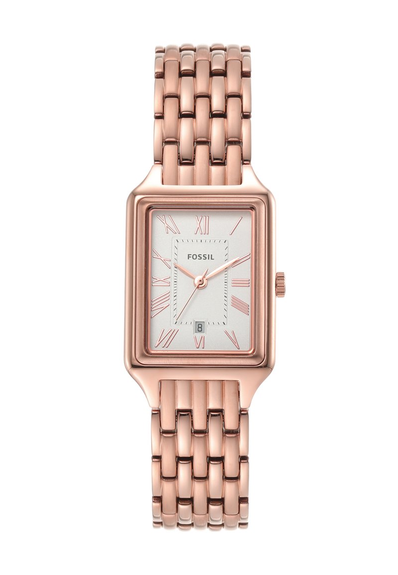 Montre-bracelet en or rose avec un cadran rectangulaire, un cadran blanc, des chiffres romains et un bracelet en métal à maillons. Affiche la date en bas.