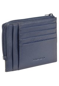 Porta carte in pelle blu navy con finitura texturizzata, dotato di tasca con zip e slot per carte su un lato. Forma rettangolare compatta.