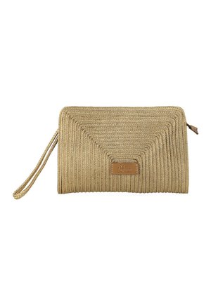 Clutch rettangolare beige intrecciata con motivo diagonale testurizzato, piccola toppa in pelle con logo e cinturino laterale per il trasporto.