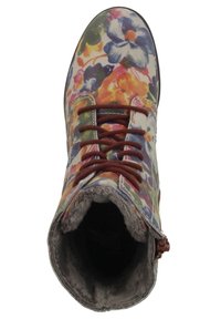 Ankelstøvle med blomstermønster og multicolorer tekstiloverdel, snørebånd foran og fuzzy indvendig foring; beige ydersål med lynlåsdetalje på siden.