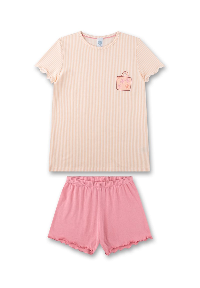 Gestreiftes Kurzarmoberteil in zartem Pfirsich mit einer Taschen-Grafik, kombiniert mit rosa Shorts mit welligem Saum. Weicher Stoff, lässiges Design.