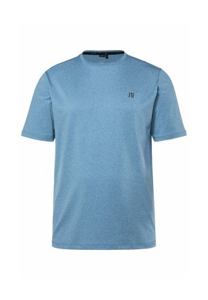 Lyseblå kortærmet T-shirt med rund hals, lille sort logo på venstre bryst og ensfarvet tekstureret stof.