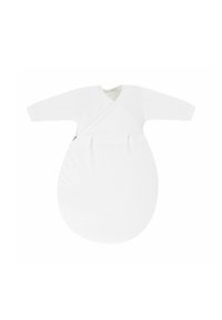 Weißer Baby-Schlafsack mit langen Ärmeln, Wickeldesign und Reißverschluss. Glattes, weiches Material mit ovaler Form für Komfort und Bewegungsfreiheit.