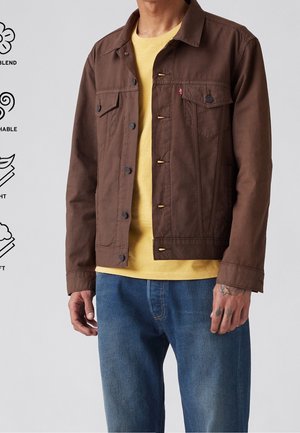 Mand iført en brun knapjakke over en gul T-shirt og blå jeans, med en tatoveret hånd synlig på højre side.