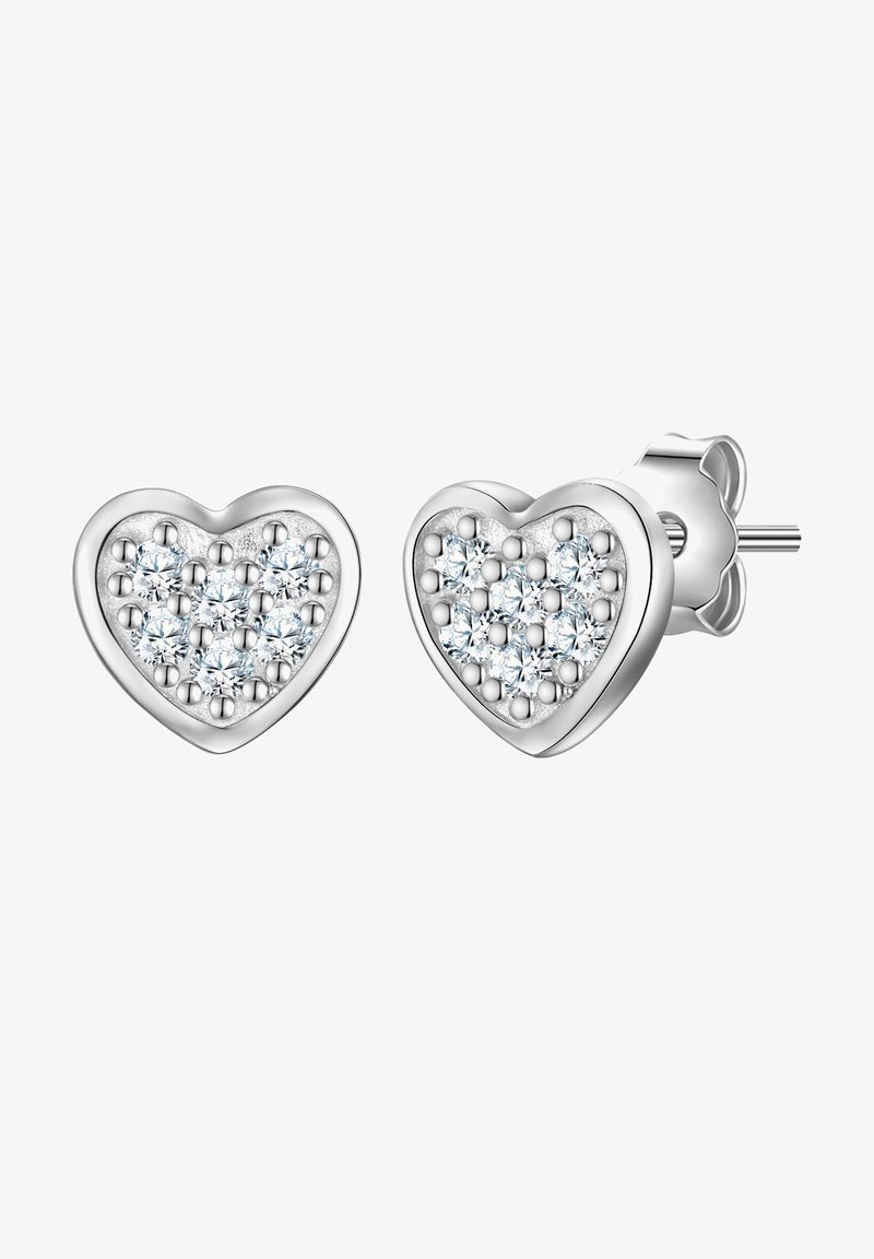 Pendientes en forma de corazón con un acabado plateado, que presentan múltiples pequeñas piedras claras engastadas en un fondo texturizado.