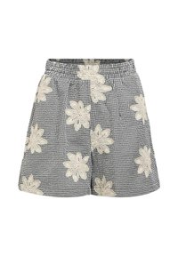 Svart och vit rutiga shorts med krämfärgad blommönsterbroderi, elastisk midja och avslappnad passform. Slät bomullstyg, avslappnad design.