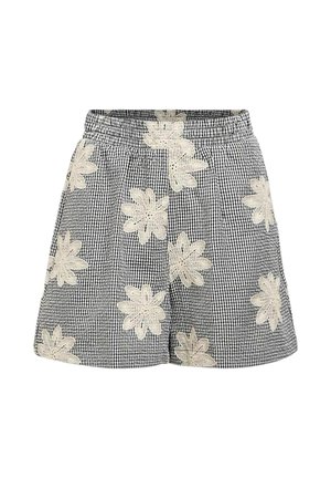 Black and white gingham shorts featuring cream floral embroidery, elastic waistband, and a relaxed fit. Smooth cotton fabric, casual design.