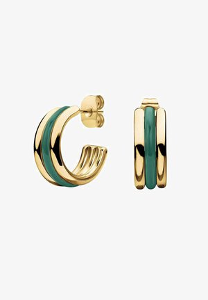 Boucles d'oreilles en or en forme de créoles avec deux rayures turquoises. Surface lisse et réfléchissante avec une forme arrondie et une fermeture arrière sécurisée.