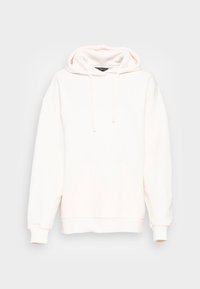 Sweatshirt à capuche rose pâle en tissu doux, avec une poche avant, des cordons de serrage et des bords côtelés aux poignets et à l'ourlet.