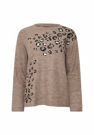 Top de manga larga marrón con un diseño de estampado de leopardo en blanco y negro, con embellishments sutiles, hecho de una tela suave y texturizada.