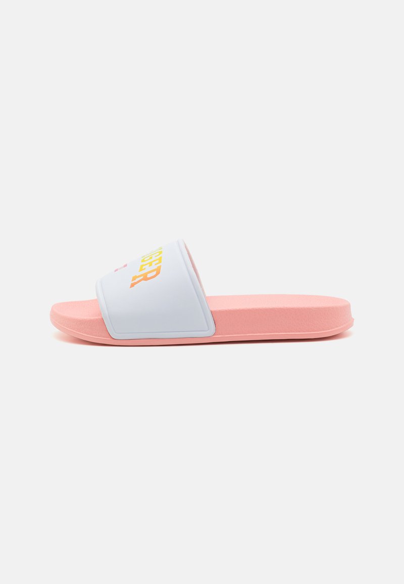 Pink slide sandal with a white strap featuring yellow and pink text. Made of soft material, with a textured footbed and flat sole.