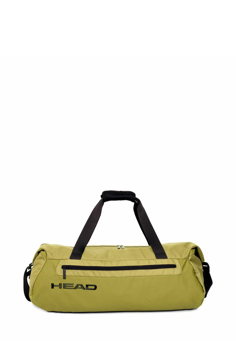 Sac polochon vert olive avec des sangles noires, équipé d'une ouverture supérieure zippée et d'une poche frontale. Grand logo "HEAD" sur le côté. Tissu durable.