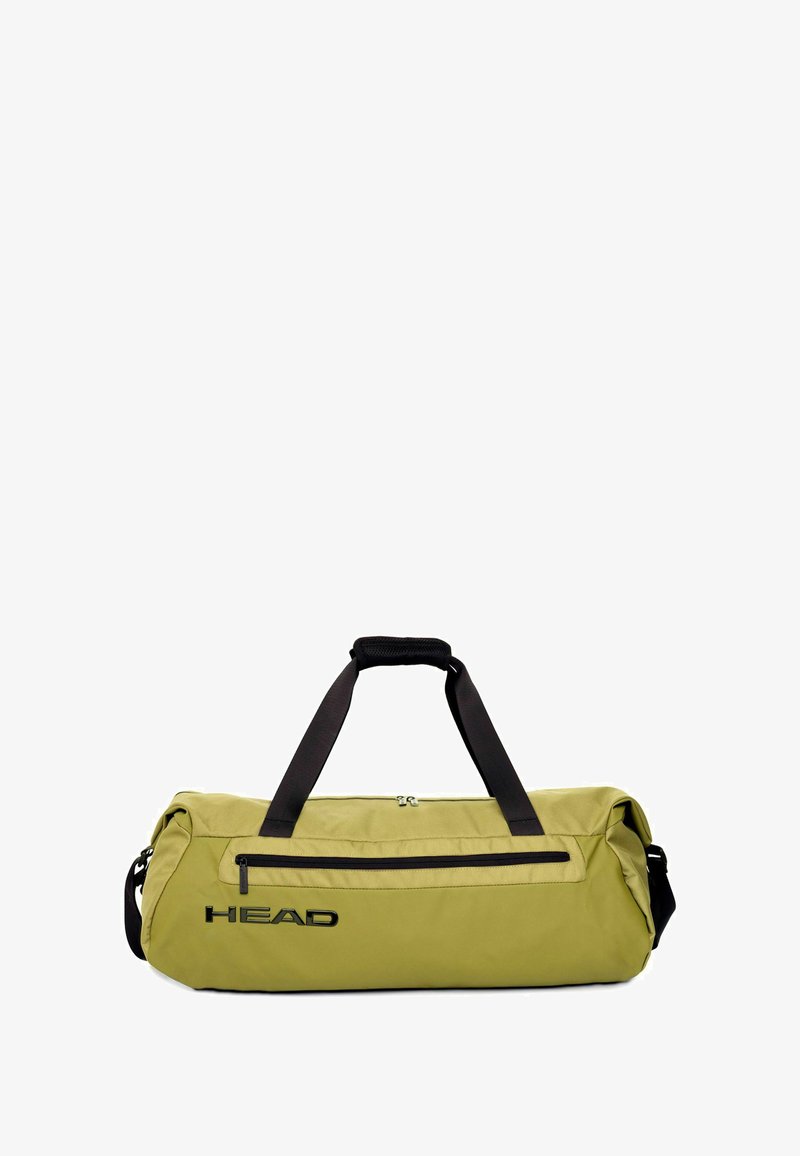 Sac polochon vert olive avec des sangles noires, équipé d'une ouverture supérieure zippée et d'une poche frontale. Grand logo "HEAD" sur le côté. Tissu durable.
