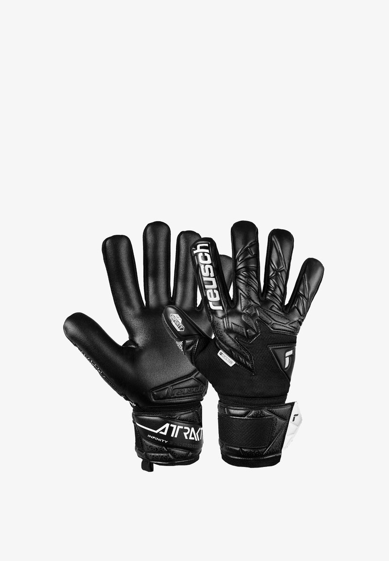 Schwarze Torwarthandschuhe mit strukturiertem Latex, anatomischer Form, auffälliger Markenkennzeichnung und einem Handgelenkriemen für einen sicheren Sitz.