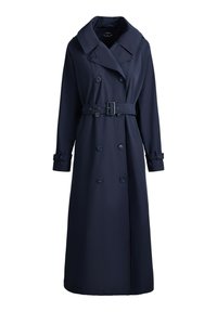 Long trench-coat bleu marine à double boutonnage, large col, taille ceinturée et lanières aux poignets, présenté sur fond blanc.