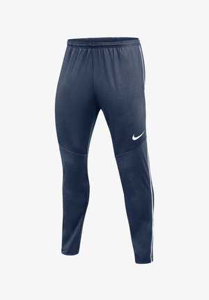 Navyblaue Nike-Trainingshose mit elastischem Bund, zulaufenden Beinen und weißem Nike-Swoosh-Logo am oberen linken Oberschenkel.
