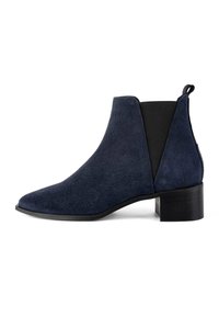 Navy blue suede ankle boot with a pointed toe, elastic side panels, and a low-block heel. Smooth texture with minimal accents.