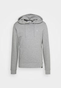 Haut à capuche gris en mélange de coton, doté d'une poche kangourou, d'une capuche avec cordon de serrage, de poignets côtelés et d'un petit logo sur la poitrine.