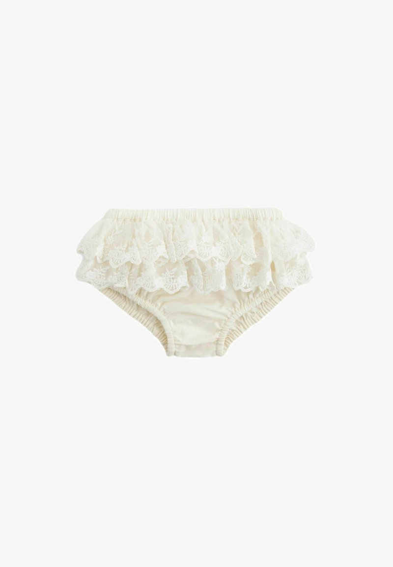 Ruffled cream shorts made from soft fabric, featuring lace detailing on the front, elastic waistband, and gathered side seams.