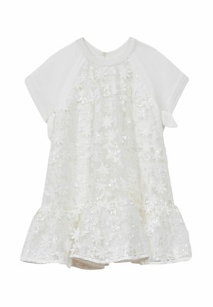 Bijela haljina s kratkim rukavima s cvjetnim čipkastim slojem, šljokicama, naboranim rubom i malim mašnicama na rukavima, dizajnirana za dijete.