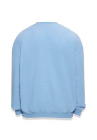 Lys blå sweatshirt lavet af bomuld, med rund hals, lange ærmer og ribbede manchetter ved kanten og ærmerne. Bagansigtet vises.