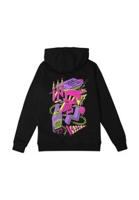 Felpa nera con cappuccio caratterizzata da un vivace design grafico multicolore con forme audaci, inclusi candele e figure geometriche in rosa e verde.